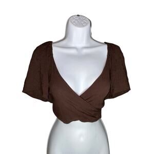 NWT Brown Cropped Wrap Top with Flowy Eyelet Embellished Sleeves